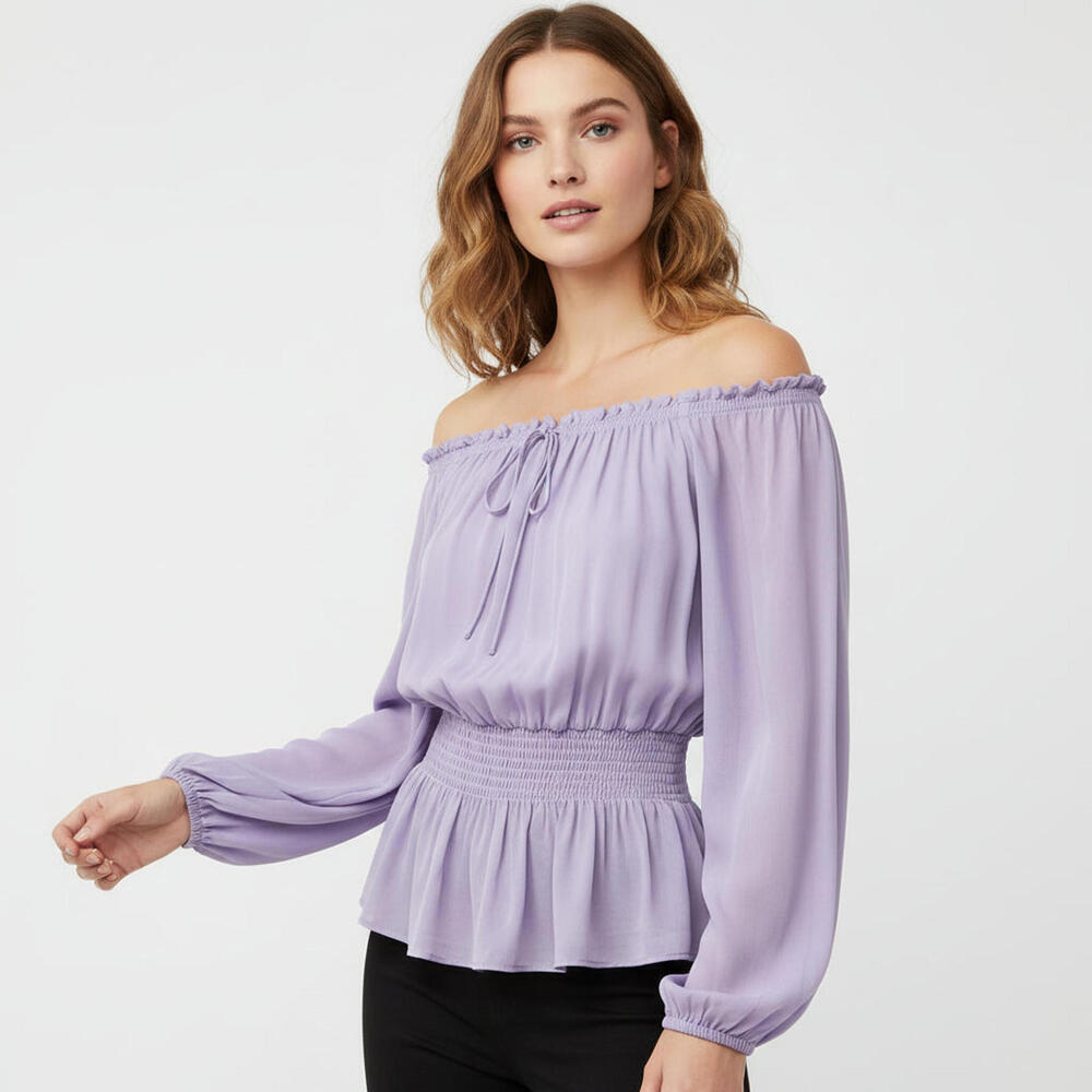 Nicole Miller Lilac Off-Shoulder Smocked Peplum Blouse